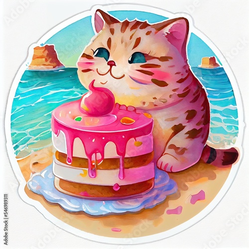 Fat cat eating cake on the beach. Sticker logo cartoon art.