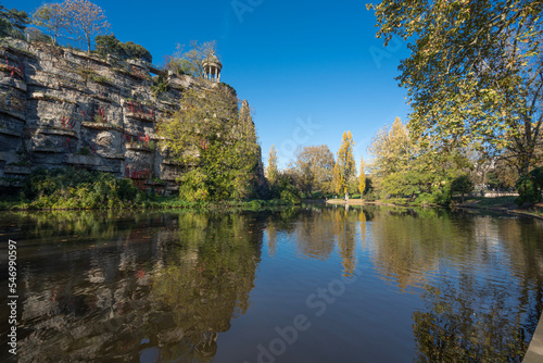 Paris, France - 11 13 2022: Park des Buttes Chaumont. View of the Temple of the Sibyl in the belvedere Island