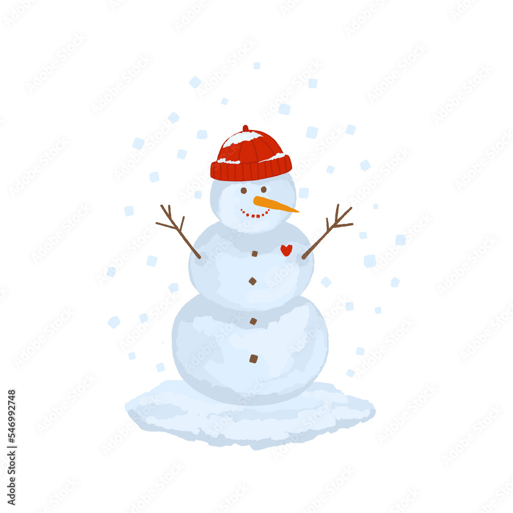 Watercolor card snowman in a red hat