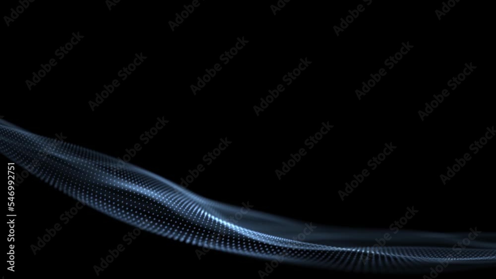 Smooth motion moving digital dotted wavy network on dark black copy space background seamless loop animation.