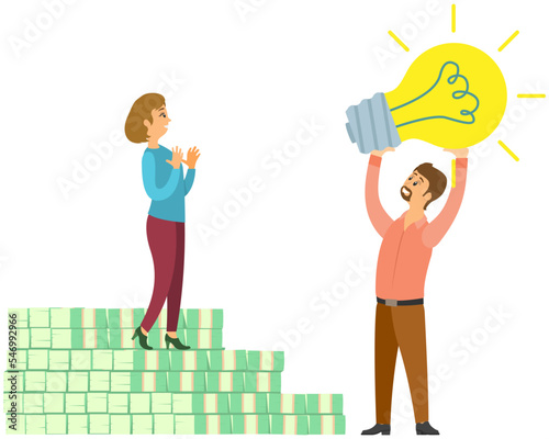 Ivestment idea concept. Man shows light bulb to girl as symbol of new idea. Businesswoman standing on stairs made of dollar bills. Metaphor for growth and making money. Enjoyment of success and wealth