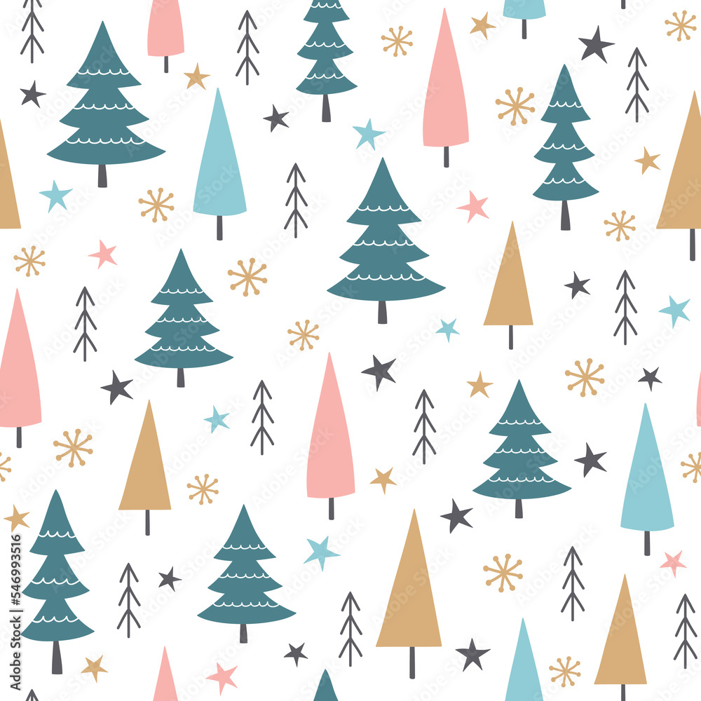 Christmas seamless pattern with trees, snowflakes and stars. Winter background. Vector illustration. It can be used for wallpapers, wrapping, cards, patterns for clothes and other.