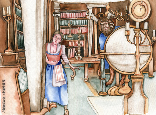 Watercolor hand drawn romantic fairy tale story with girl, the beast, rose. Perfect for wedding, invitations, blogs, template card, birthday, baby and bridal shower, logos, for greeting cards. © Leila