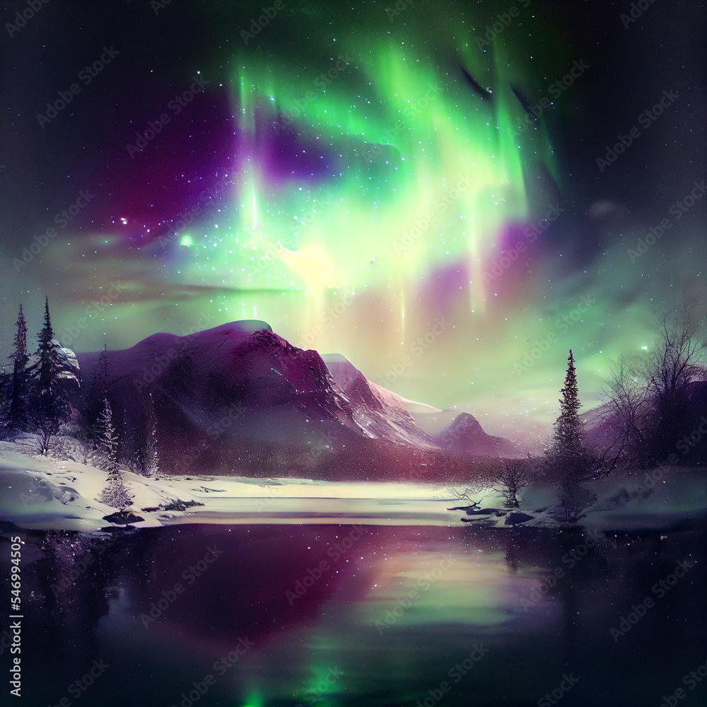 Aurora borealis over forest, trees, snow, landscape