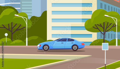Landscape of urban city with passenger car. Modern cityscape of town with crossroads. Crossing roads against background of tall building. Roadway, cityscape and nature. Car drives along roads of city
