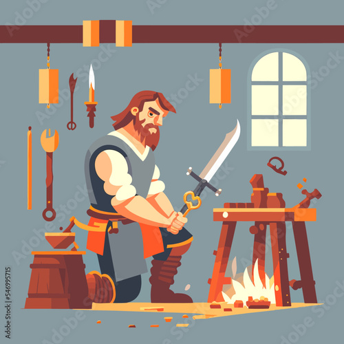 Digital art of a medieval blacksmith crafting a sword