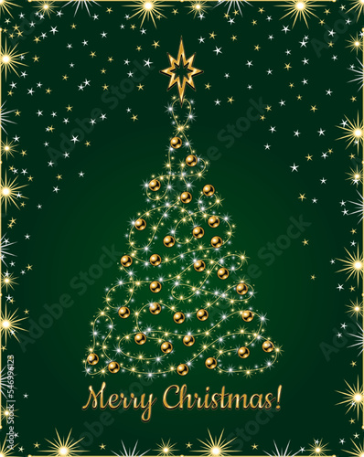 Fancy christmas tree made of festive garland, lights, gold balls, bethlehem gold star on top. Glowing sparkles, stars on wire strings. Clipping Mask. No transparency effect
