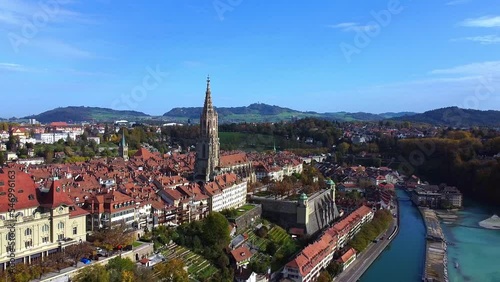 Drone view over Bern city and an old gothic cathedr photo