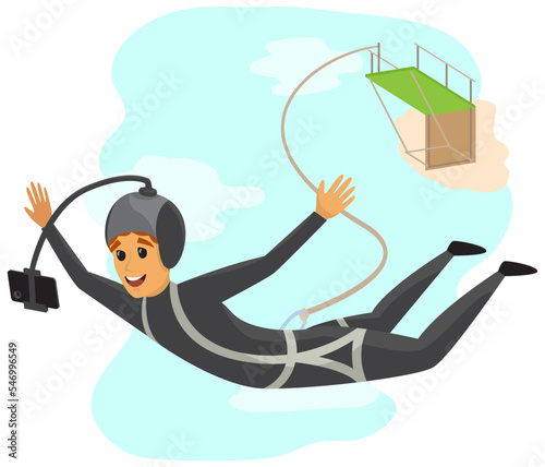 Man making self photo during bungee jumping. Guy with camera attached to his head is engaged in extreme sports. Male character taking selfie on smartphone while rope jumping from special platform