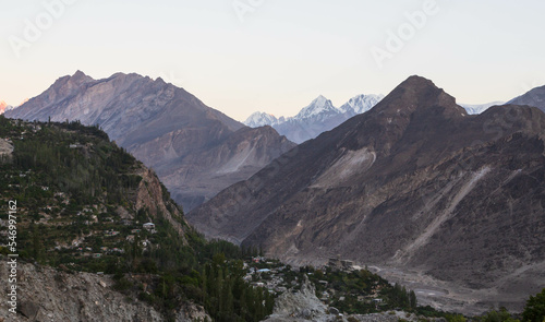 Mountainous landscape in autumn season at Hunza valley, Pakistan. Snowy peaks, rocky mountains