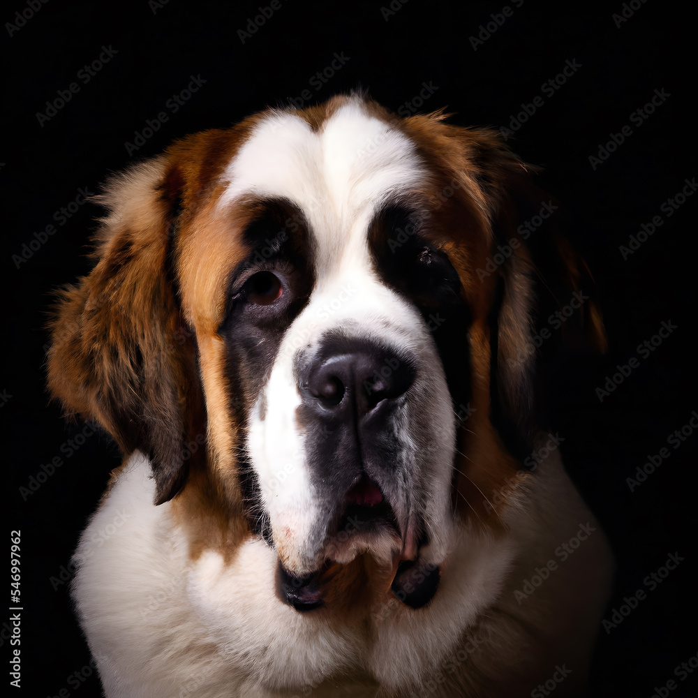 Close up studio photography of a dog head. St.Bernard  close up head photography, realistic dog and puppy head on black background.     