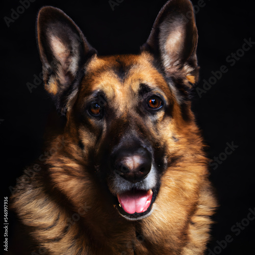 Close up studio photography of a dog head. German Shepherd dog close up head photography, realistic dog and puppy head on black background. 