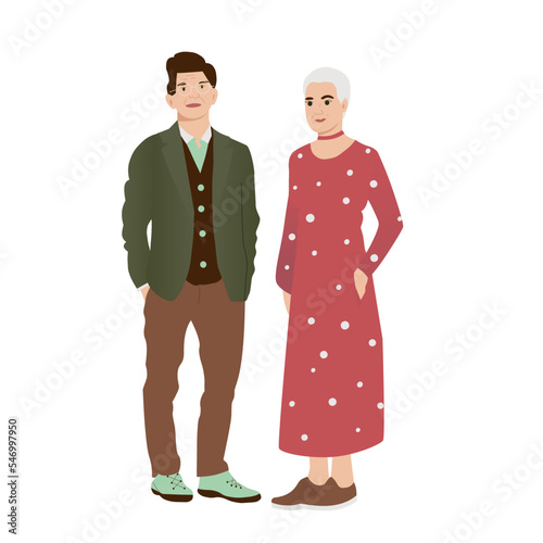 Trendy old male and female characters wear fashionable clothes. Modern elderly people. Isolated stylish senior men or women, elegant aged pensioners, flat vector illustration