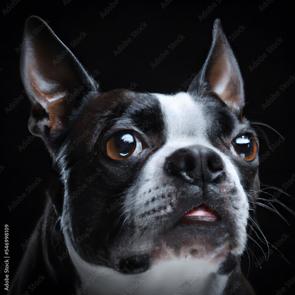 Close up studio photography of a dog head. Boston terrier  close up head photography, realistic dog and puppy head on black background.     