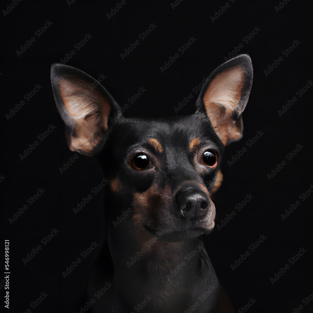 Close up studio photography of a dog head. Miniature pincher, Dachshund, mixed breed  close up head photography, realistic dog and puppy head on black background.     