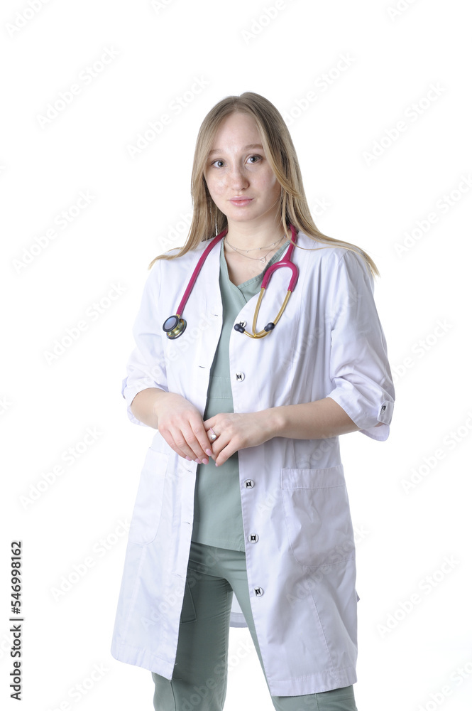 Female physician in medical uniform with stethoscope isolated on white Female physician in medical uniform with stethoscope isolated on white