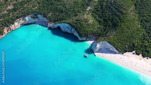 Aerial drone video of secluded paradise beach of Fteri one of the most beautiful on the island of Kefalonia, Ionian, Greece photo