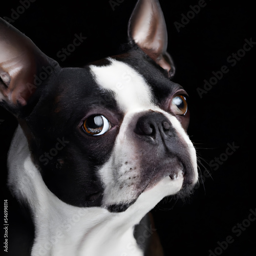 Close up studio photography of a dog head. Boston terrier close up head photography, realistic dog and puppy head on black background. 