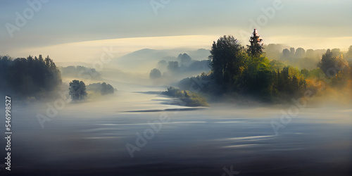 Beautiful landscape  mist over a lake