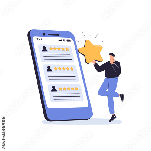 People Characters Giving Five Star Feedback. Vector customer review concepts. Reviews stars with good and bad rate