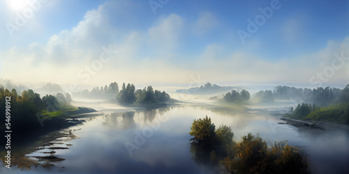 Beautiful landscape  mist over a lake