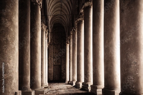Fototapeta Old colonnade corridor with stone columns background 3D render digital illustrat
