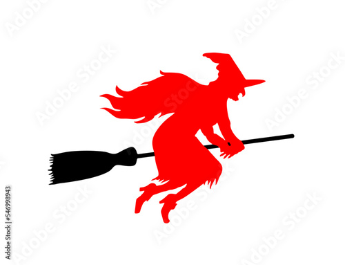 Witch rides a broomstick in flight vector silhouette illustration isolated on white. Halloween, bogeyman. Walpurgis night. Black magic lady. Horror and horrible nightmare. Night legend and fairy tale.