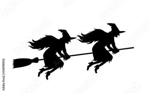 Witch couple rides a broomstick in flight vector silhouette illustration isolated on white. Halloween, bogeyman. Walpurgis night. Black magic lady. Horror horrible nightmare. Night legend fairy tale.
