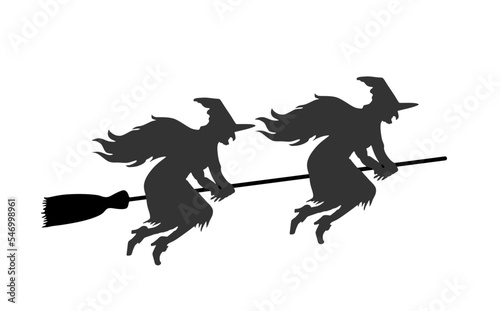 Witch couple rides a broomstick in flight vector silhouette illustration isolated on white. Halloween, bogeyman. Walpurgis night. Black magic lady. Horror horrible nightmare. Night legend fairy tale.
