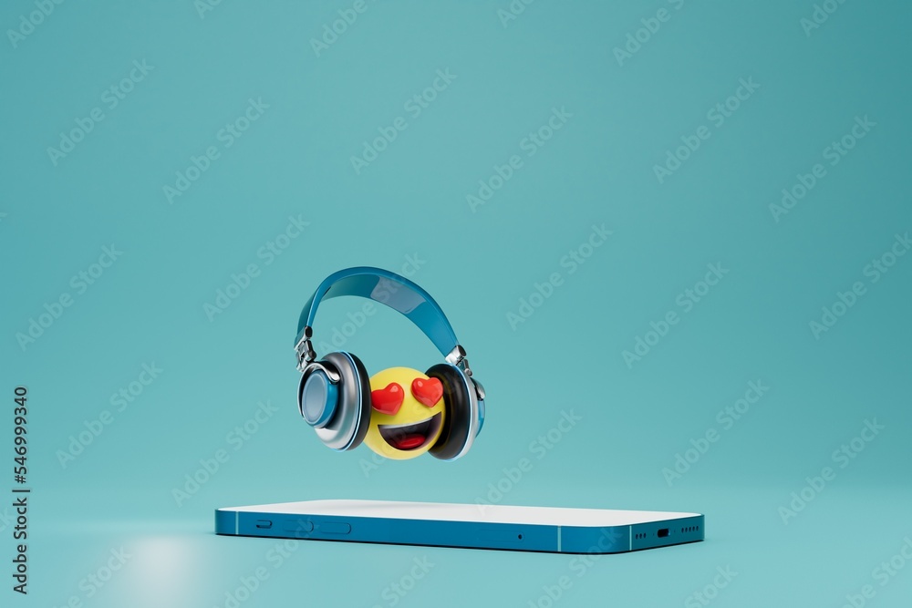 favorite music in the smartphone. smartphone and smiley face with eyes with hearts in headphones. 3D render