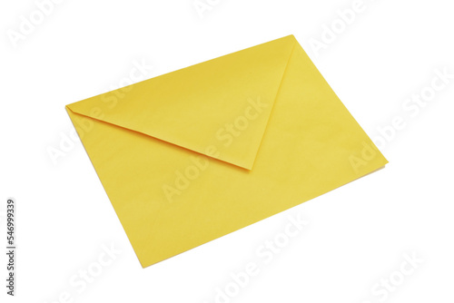 Isolated closed yellow envelope for mail postage shipping. Angled studio shot. 