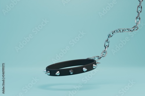 dog collar with spikes on a long metal chain on a turquoise background. 3D render photo