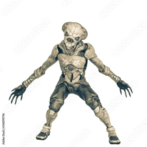 official alien on a sci-fi outfit looking at you in a white background