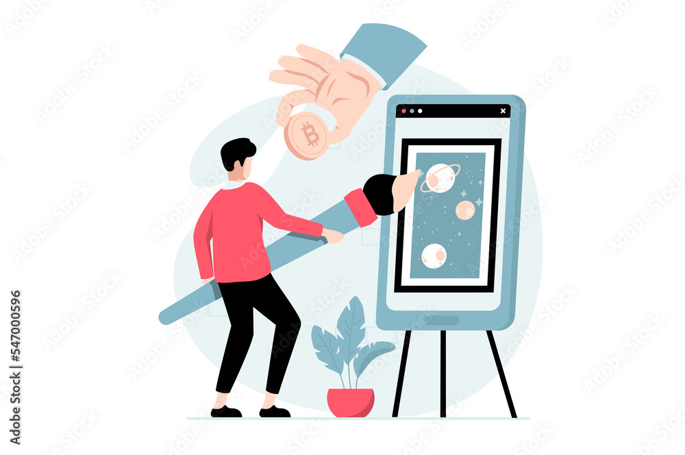 NFT token concept with people scene in flat design. Man artist drawing digital paintings with with non fungible token for virtual art auctions. Illustration with character situation for web