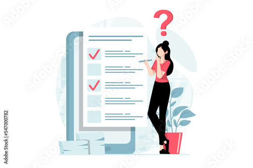 Online survey concept with people scene in flat design. Woman thinking and choosing answers for questions in digital questionnaire using app. Illustration with character situation for web