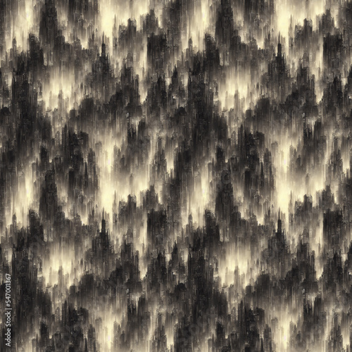 City drawing. Seamless texture in beige tones with dark silhouettes of buildings, formed by horizontal and vertical lines. Modern art - seamless pattern depicting the landscape of the city in the fog.