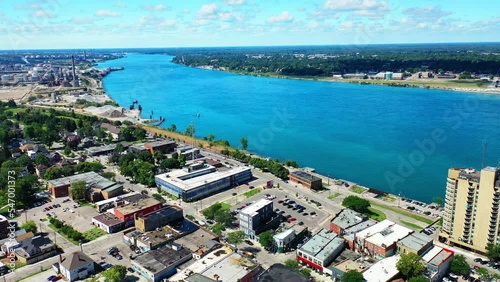 Aerial of St Clair River at Sarnia, Ontario, Canada 4K