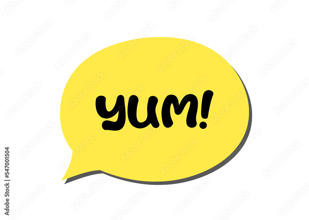 Isolated yellow speech bubble from a cute comic strip with the text Yum (with an exclamation mark).
Isolated yellow speech bubble from a cute comic strip with the text Yum (with an exclamation mark).
