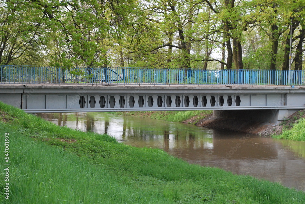 a metal bridge connecting the banks of a narrow river surrounded by trees