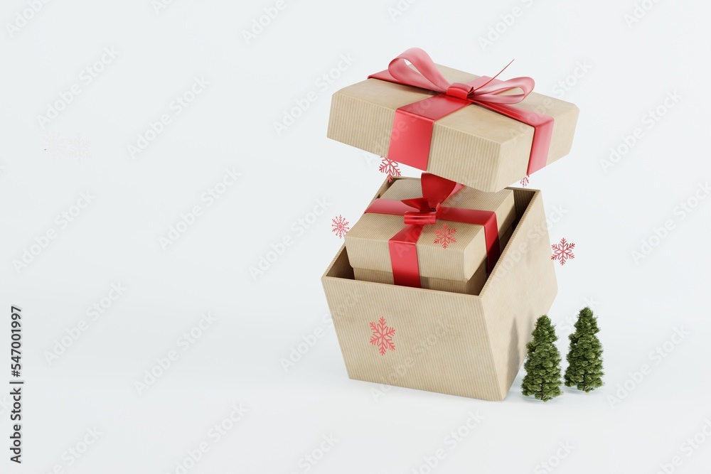 Obraz premium A gift in a gift box on a light background and a small Christmas tree and snowflakes. Concept for Christmas and buying Christmas gifts, giving gifts. Shopping. 3D render, 3D illustration.