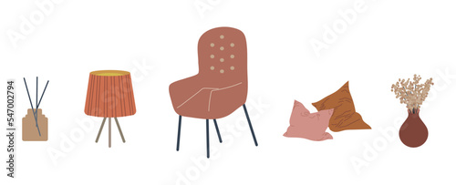 Hygge interior set vector illustration. Warm neutral scandinavian palette. Home decor and leasure time elements with text. Flat cartoon style. All objects are isolated