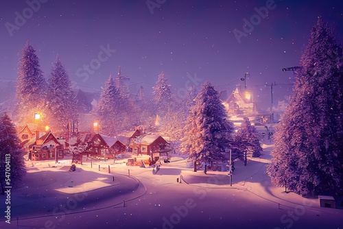 Christmas Village. Night winter New Year's festive small town decorated with Christmas decorations, snow, garlands, houses, winter streets, night. © Terablete