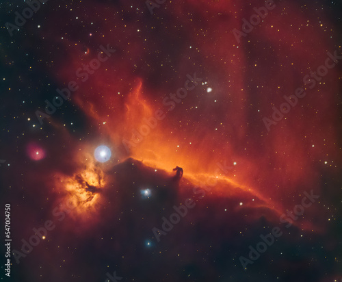 The Flame and Horsehead Nebula in the Constellation of Orion  seen in both visible light and in Hydrogen Alpha Spectrum