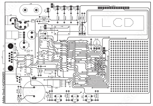 Tracing the conductors of a multilayer printed circuit board.
Vector drawing a1 of printed tracks, transition holes,
contact pads and copper metallization areas.
Silkscreen printing, assembly drawing.