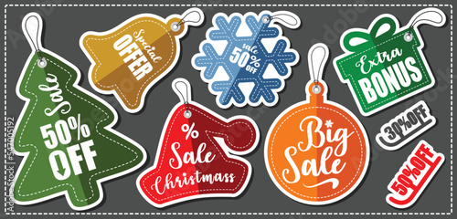 Set of Christmas Stickers with outline and shadows on dark Background - Sale tags - Banners price and discount labels - Vector illustration