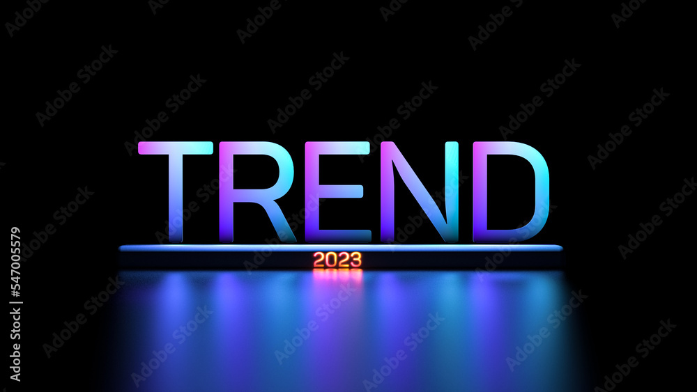 TREND 2023 year neon text concept. Banner 2023 year. 3D render. - obrazy, fototapety, plakaty 