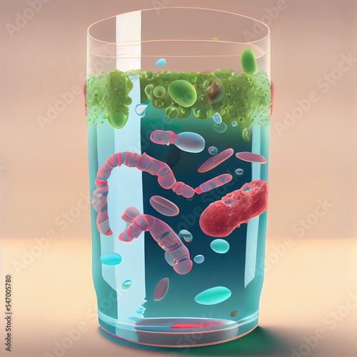 Safety of drinking water concept, 3D illustration showing Escherichia coli bacteria contaminating drinking water photo