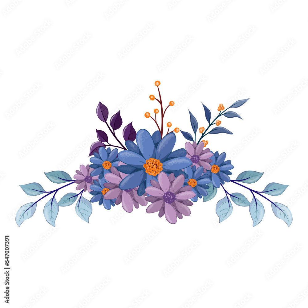 blue purple flower arrangement watercolor illustration