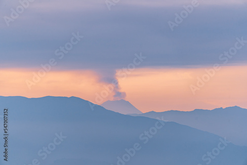 Magical purple and pink sunrise or sunset in the mountains