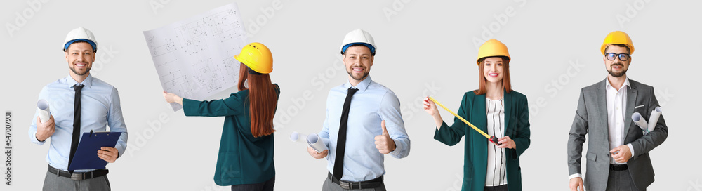 Collage of engineers on light background Collage of engineers on light background
